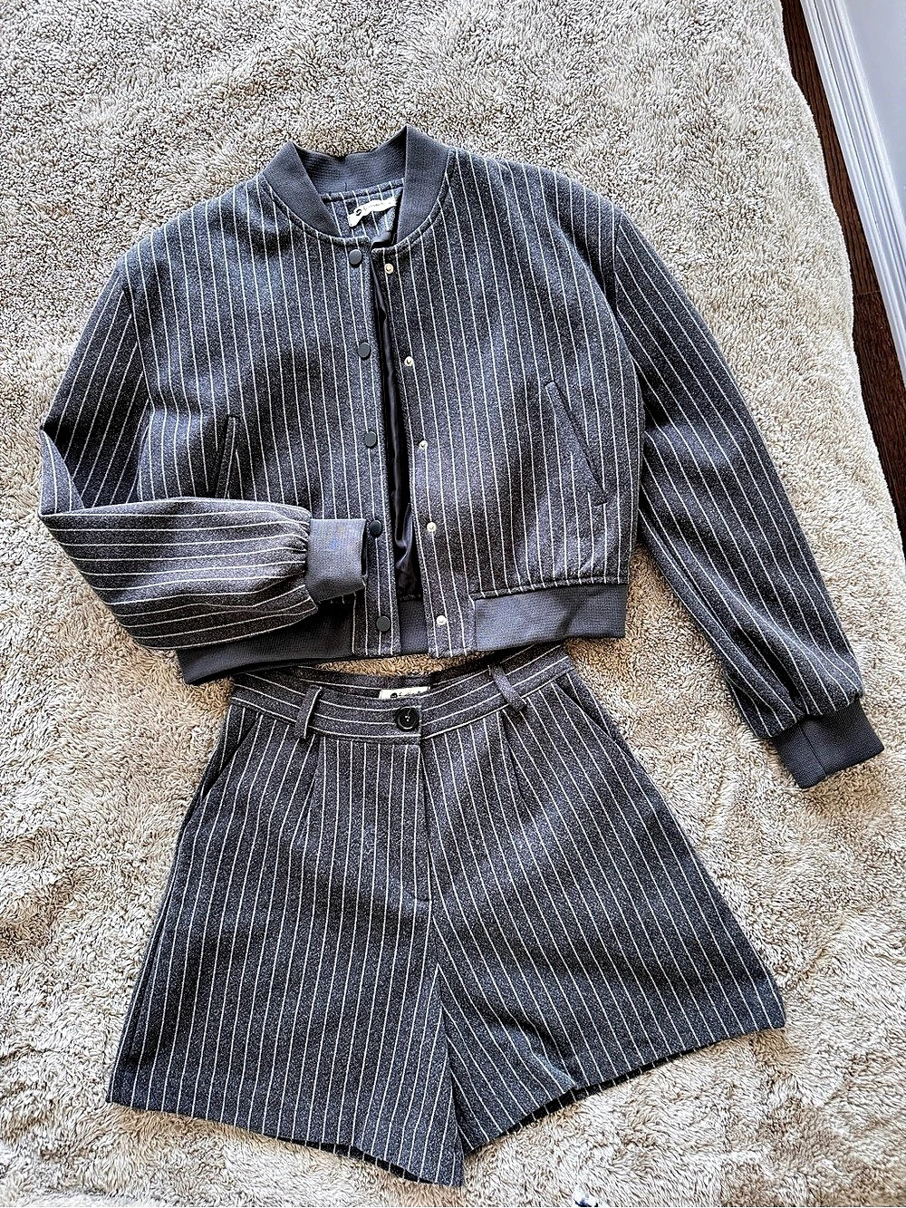 Striped Bomber Short Set in Gray Small Like New